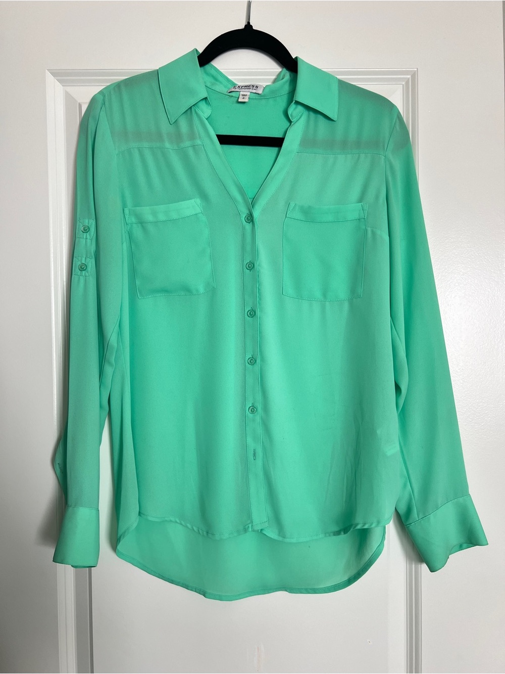 Two Express Long Sleeve Button-Down Blouse size small in Mint Green & royal blue